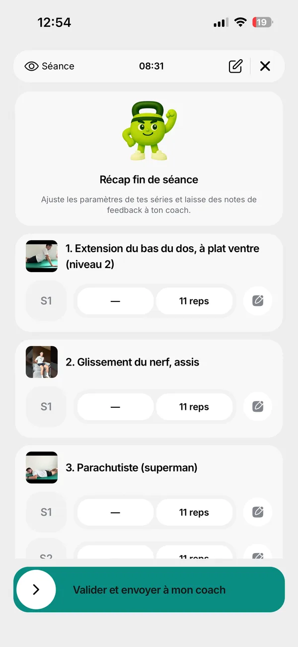 Capture de l'application Malodo : récapitulatif de fin de séance, avec les exercices réalisés et le bouton pour l'envoyer à son coach.
