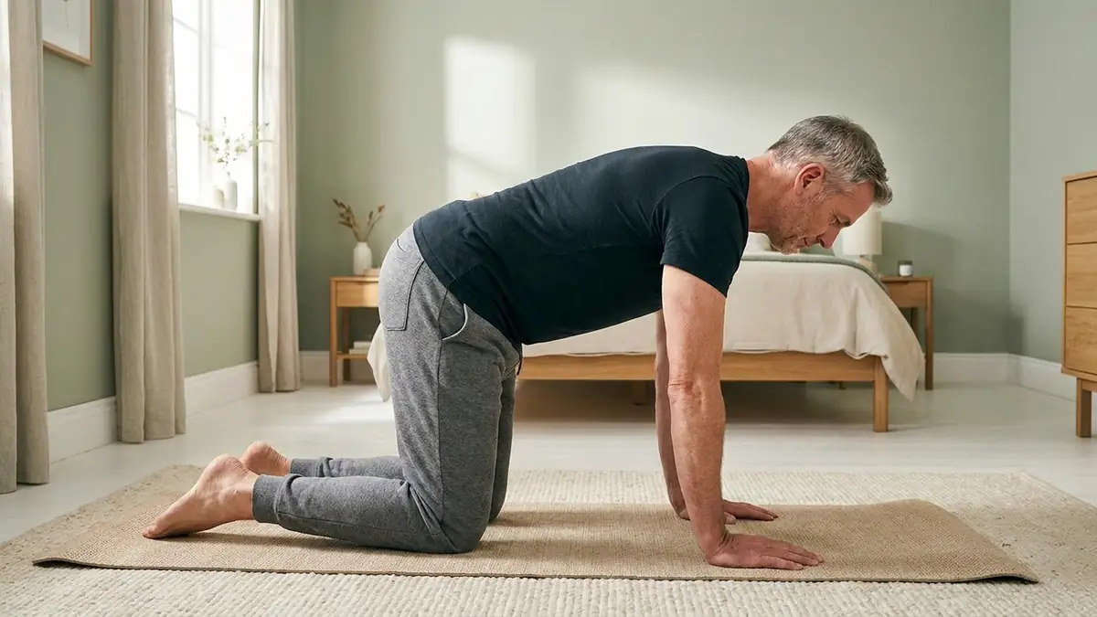 Activation du transverse en quadrupédie : homme à quatre pattes, mains sous les épaules, genoux sous les hanches, dos plat