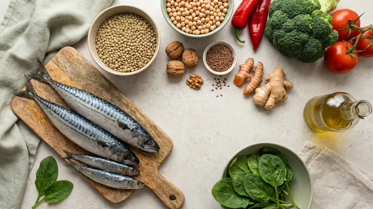 Aliments anti-inflammatoires crus : maquereaux et sardines, lentilles, pois chiches, noix, graines de lin, curcuma, gingembre, brocoli, épinards et huile d'olive