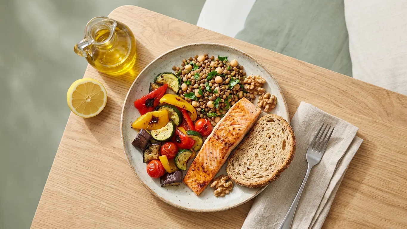 Assiette méditerranéenne vue de dessus : saumon grillé, légumes rôtis, salade de lentilles et pois chiches, noix et huile d'olive