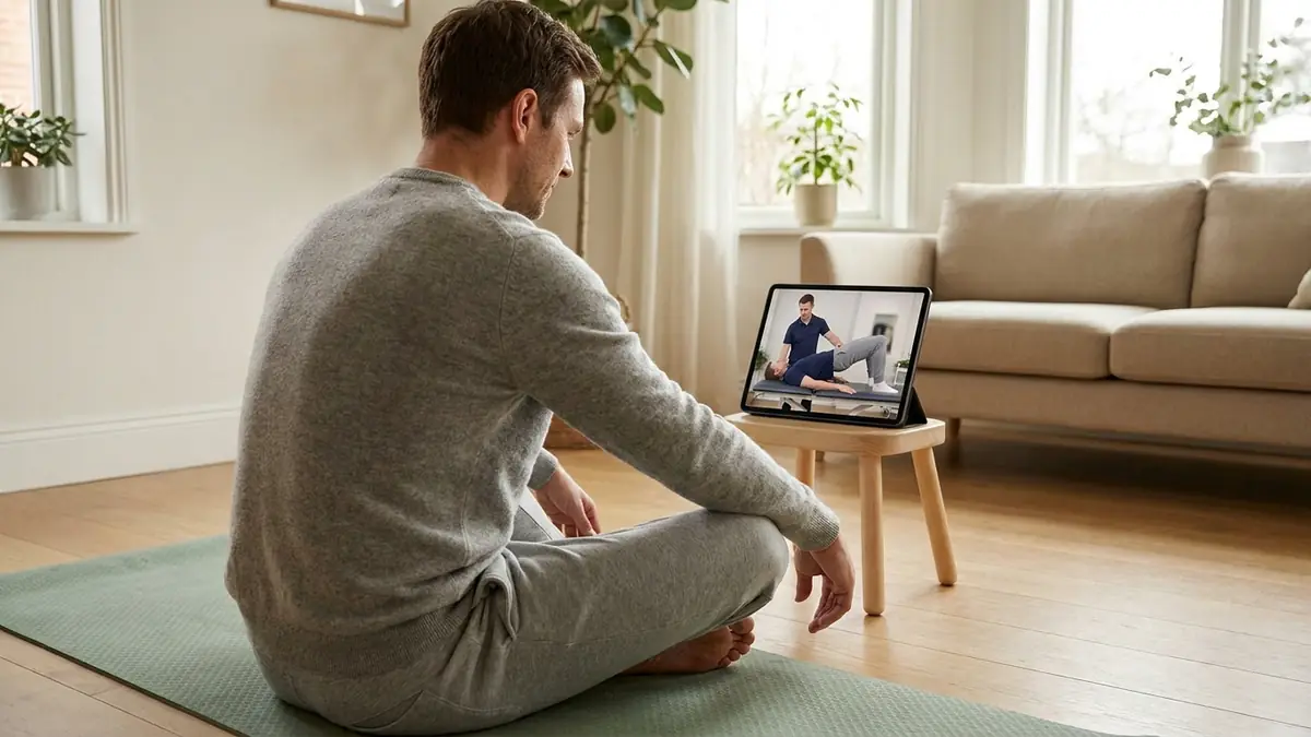 Homme assis sur un tapis qui suit sur tablette la démonstration vidéo d'un kinésithérapeute pour le pont fessier