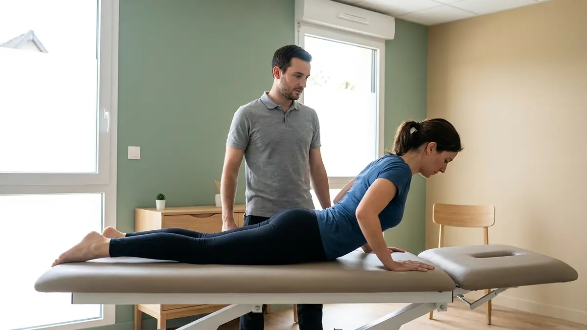 Test directionnel McKenzie : patiente allongée sur le ventre qui se redresse sur les mains en extension, bassin posé sur la table, sous le regard du kiné