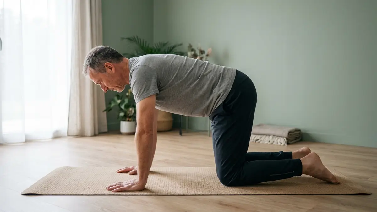 Position de départ du bird-dog : un homme à quatre pattes sur un tapis, mains sous les épaules, genoux sous les hanches, dos plat