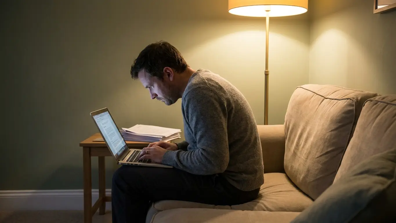 Un homme travaille tard sur son ordinateur portable, avachi sur le canapé, le dos arrondi
