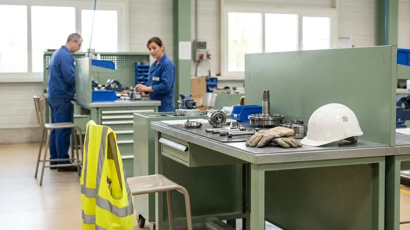 Poste de travail vide dans un atelier industriel pendant un arrêt de travail : gants et casque posés sur l'établi, gilet sur le tabouret, collègues au travail derrière