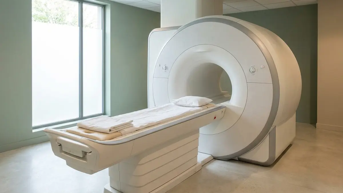 Salle d'IRM vide avec son tunnel et sa table d'examen, l'imagerie faisant partie des coûts directs du mal de dos