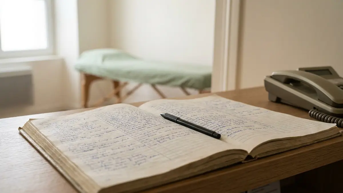 Agenda papier d'un cabinet de kiné rempli à la main sur le comptoir d'accueil, à côté du téléphone