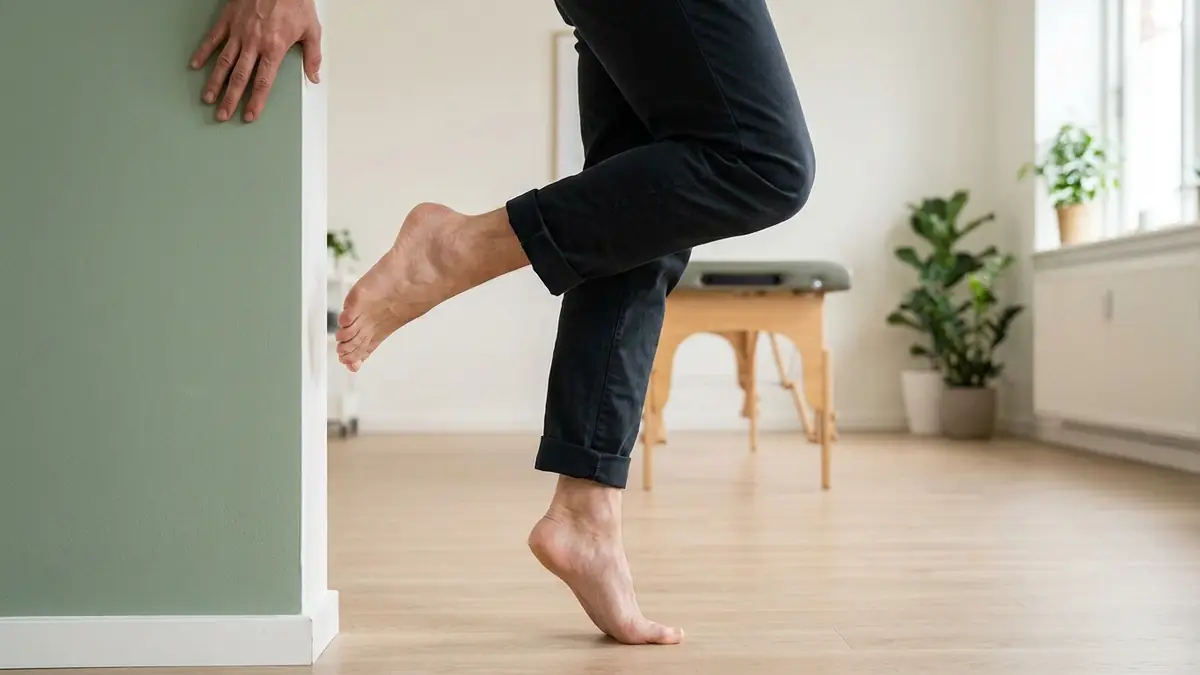 Un homme se hisse sur la pointe d'un pied, talon décollé, une main contre le mur, lors d'un examen chez le kiné