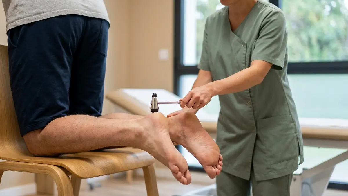 Test du réflexe achilléen : patient à genoux sur une chaise, pieds dans le vide, la kinésithérapeute frappe le tendon au marteau réflexe