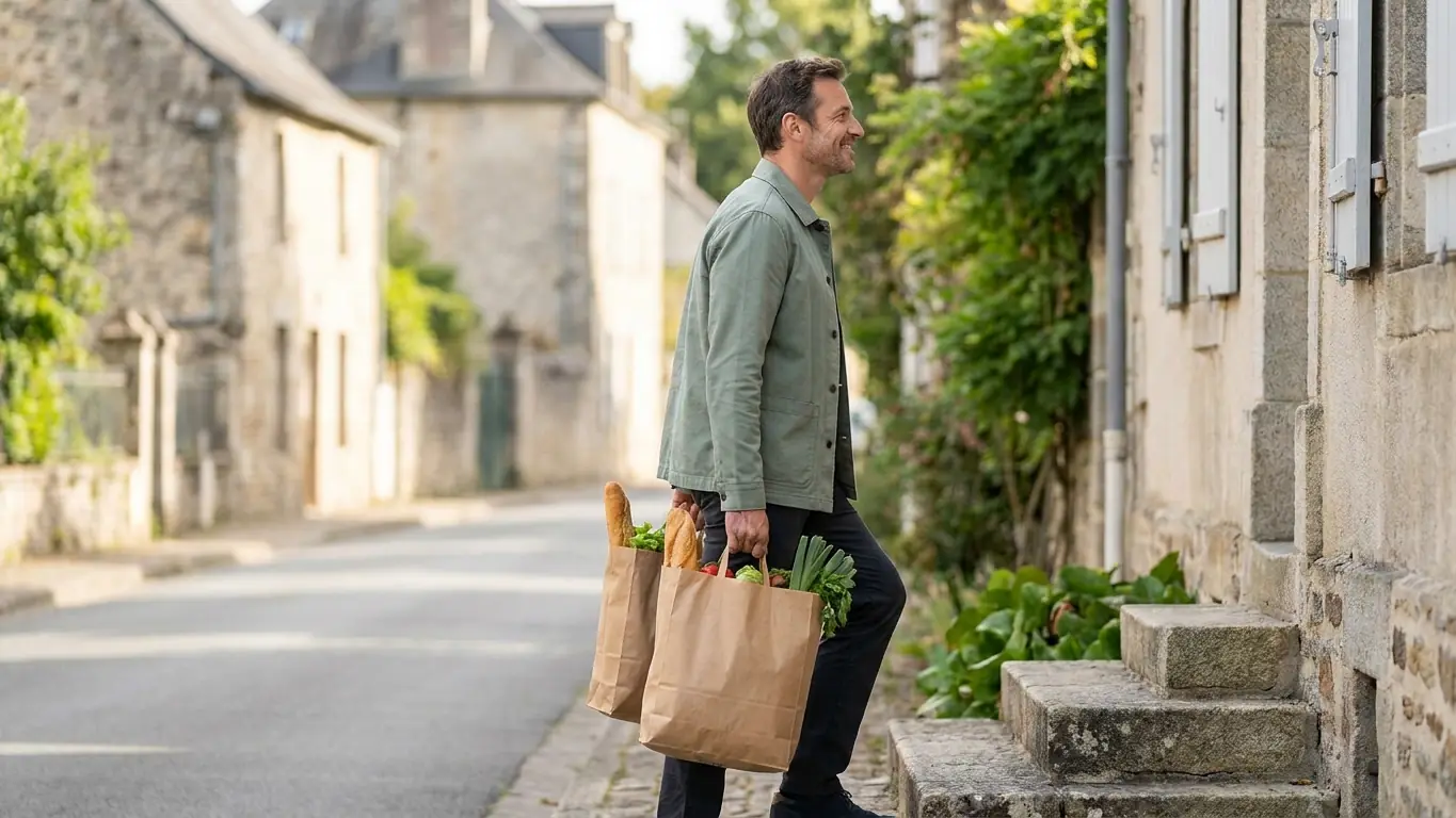 Homme qui remonte chez lui en portant ses sacs de courses, dos droit, signe de reprise des activités du quotidien