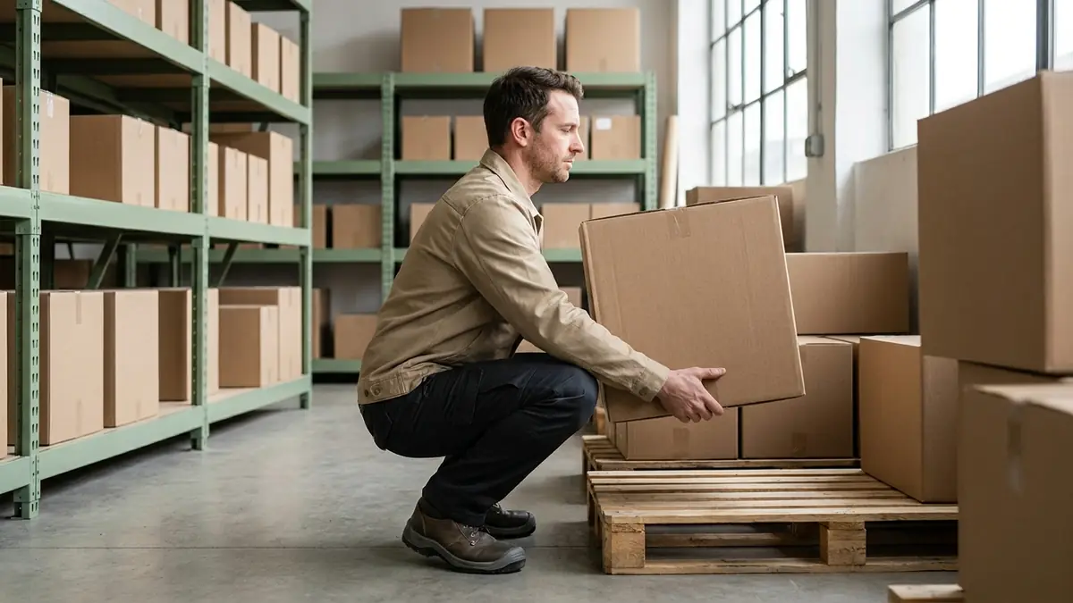 Manutentionnaire accroupi qui soulève un carton lourd depuis une palette dans un entrepôt, port de charges au travail