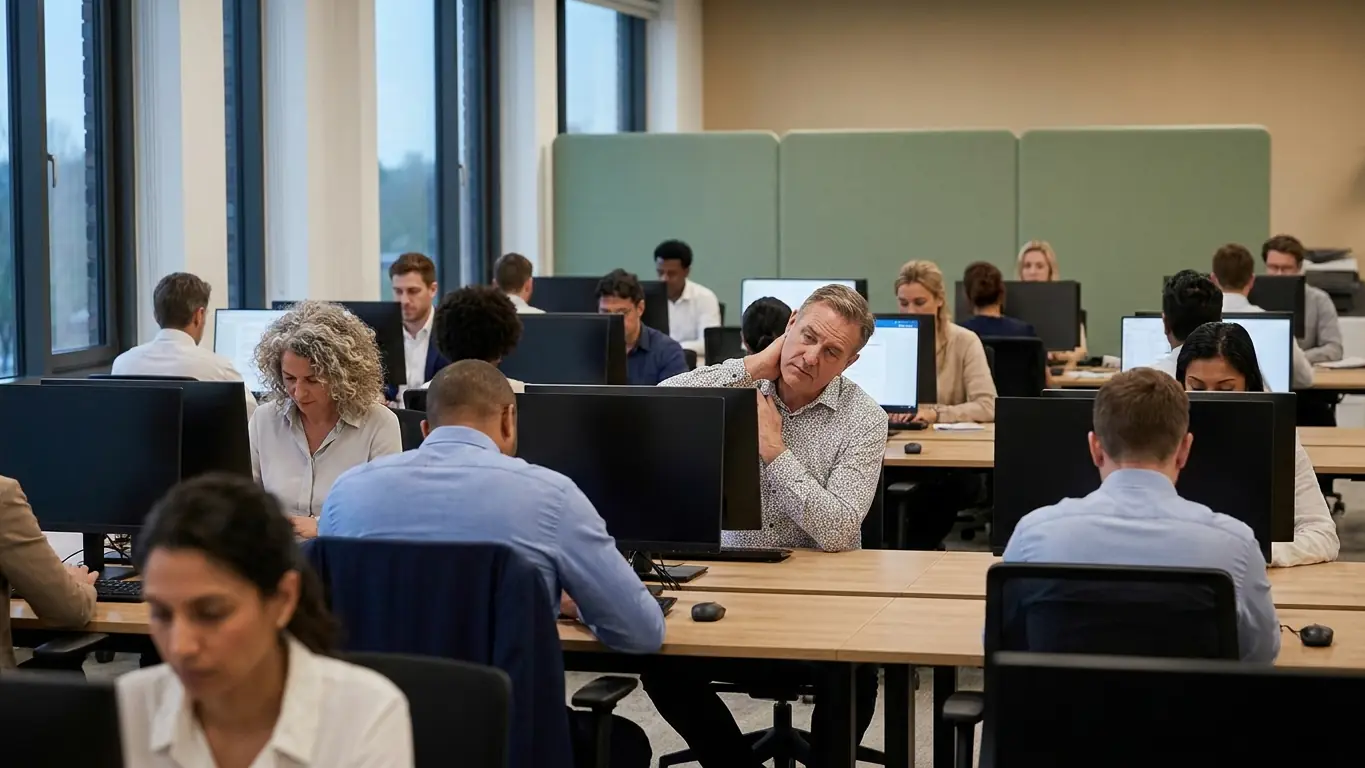 Salariés assis de longues heures devant leurs écrans dans un open space, travail de bureau et sédentarité
