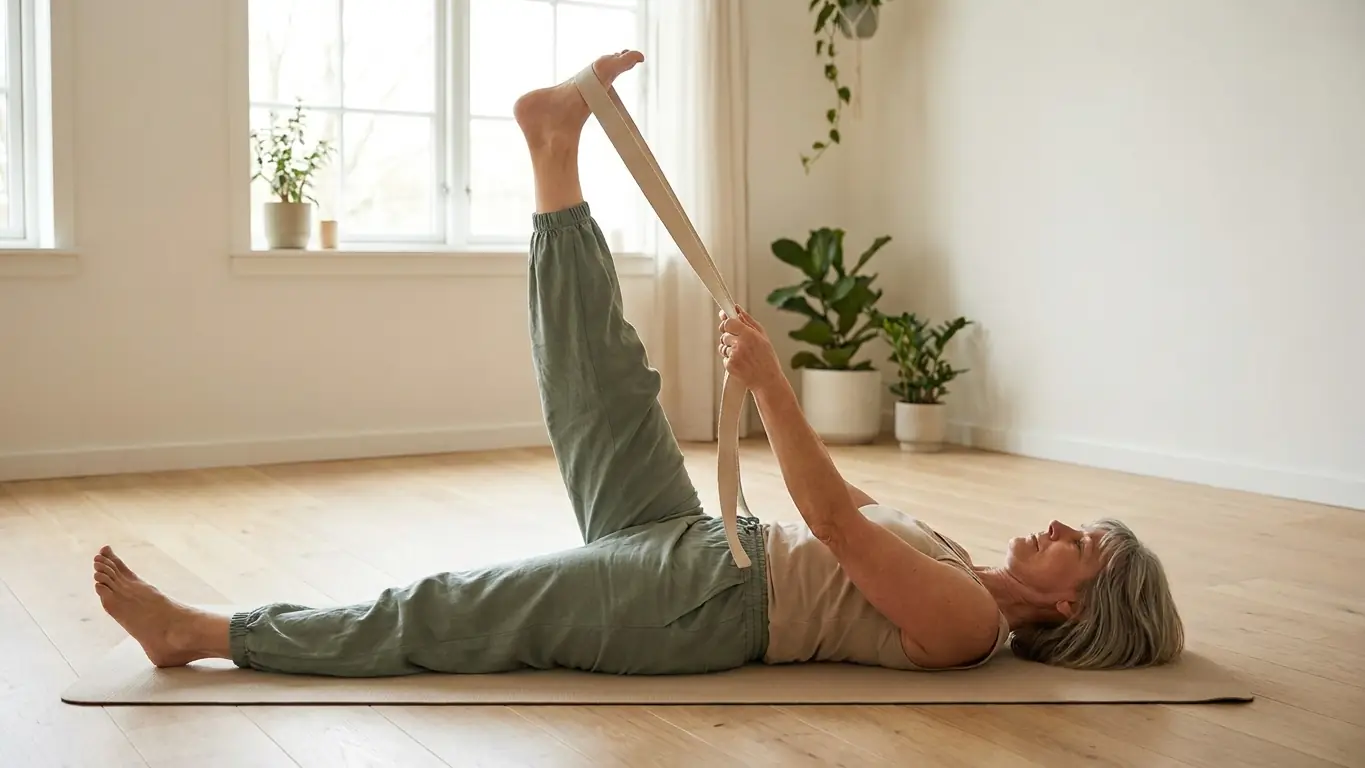 Étirement des ischio-jambiers allongé sur le dos : une jambe levée vers le plafond, une sangle passée sous le pied, l'autre jambe à plat