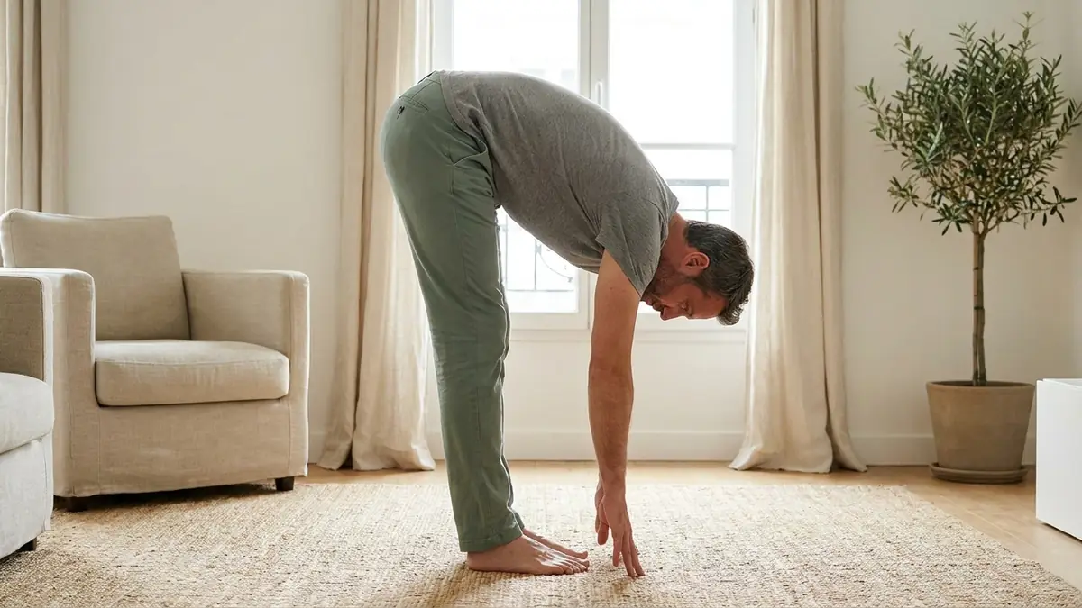 L'étirement que l'article déconseille : un homme debout jambes tendues, penché en avant, le dos arrondi pour toucher le sol