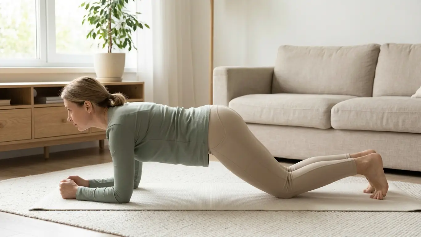Gainage adapté : une femme tient la planche sur les avant-bras et les genoux, le corps aligné de la tête aux genoux