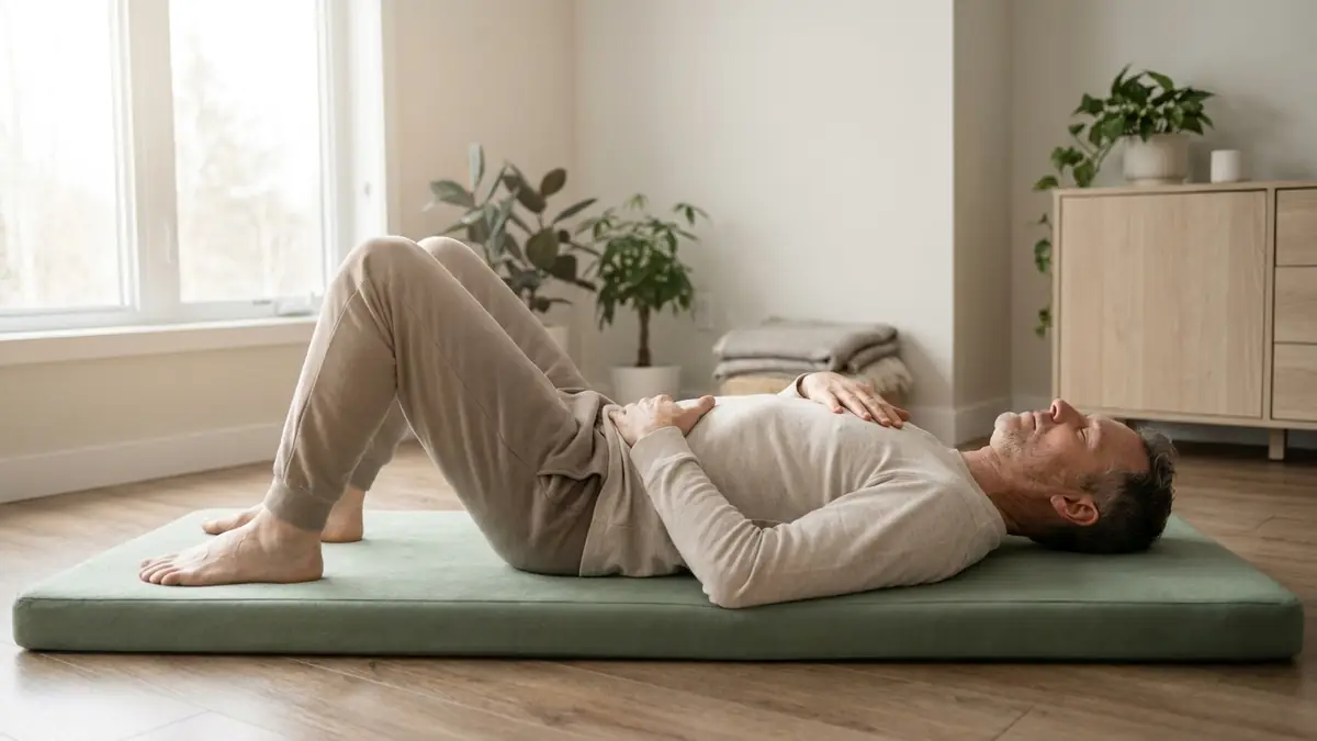 Respiration diaphragmatique : un homme allongé sur le dos, genoux pliés, une main posée sur le ventre