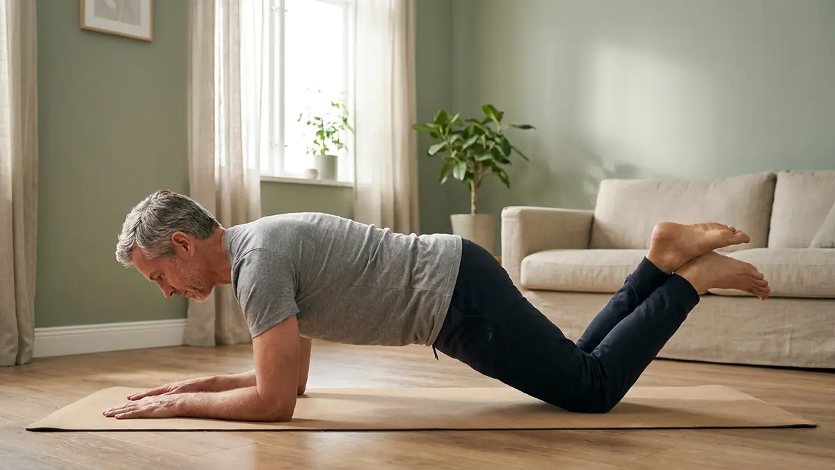 Homme d'une cinquantaine d'années en gainage sur les avant-bras et les genoux, sur un tapis dans son salon, pour débuter à la maison sans matériel