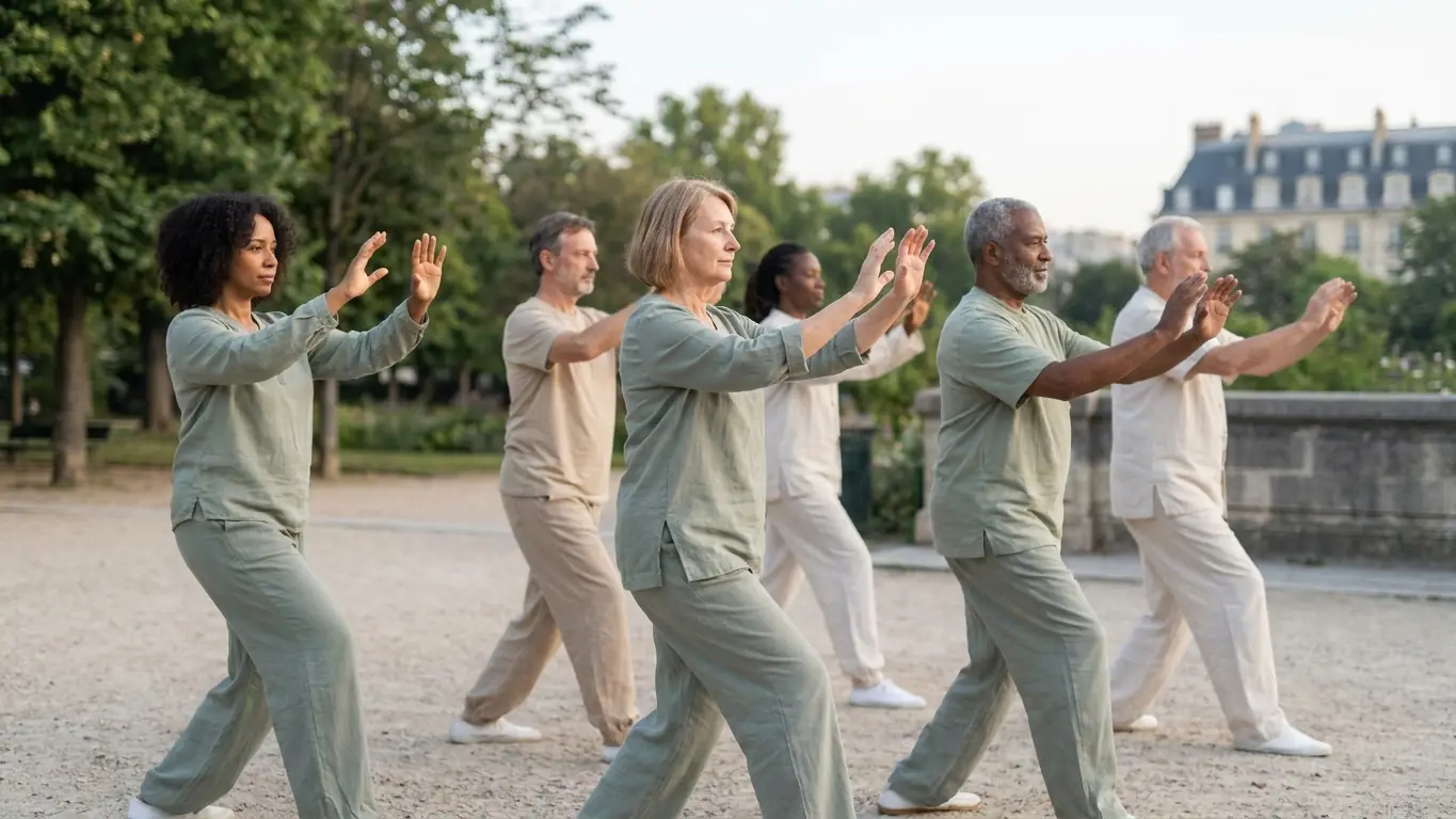 Groupe d'adultes de tous âges qui pratiquent le tai-chi dans un parc, genoux fléchis, bras levés devant la poitrine