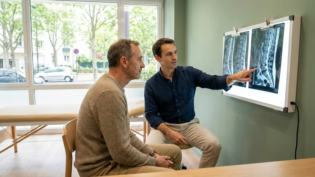 Un médecin et son patient regardent ensemble des clichés d'IRM lombaire sur un négatoscope