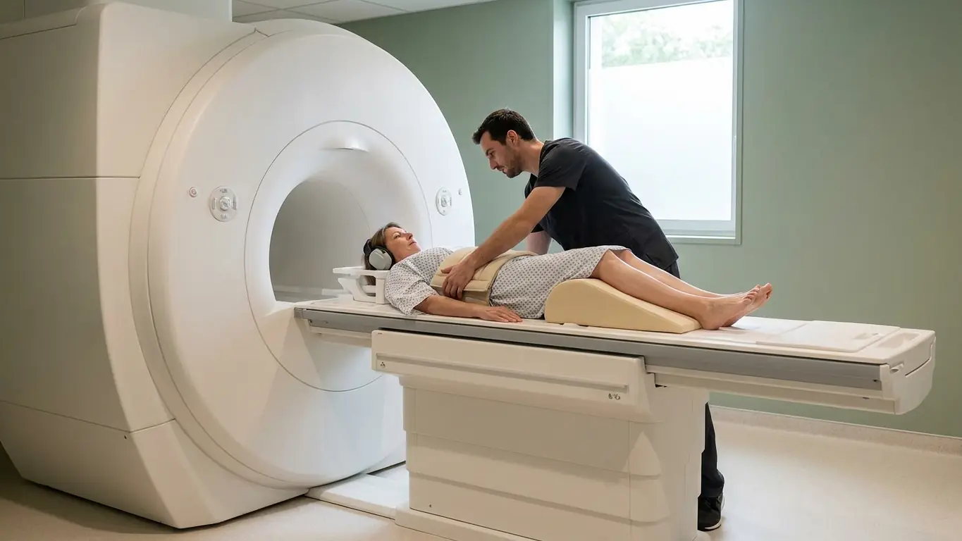 Patiente allongée sur la table d'un appareil d'IRM, installée par un manipulateur radio avant un examen de la colonne lombaire