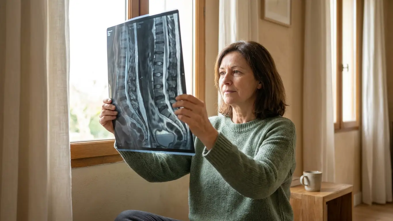 Une femme examine à la lumière de la fenêtre le cliché d'IRM de sa colonne lombaire, vertèbres et disques bien visibles