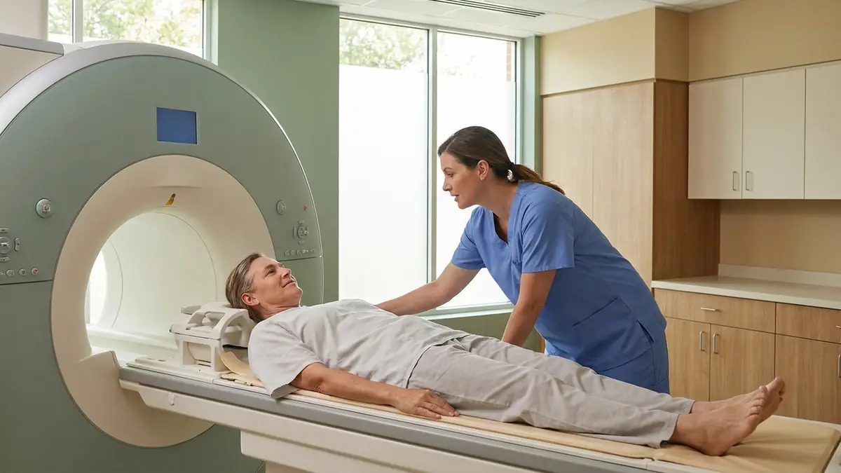 Un patient allongé sur la table d'une IRM, rassuré par une manipulatrice avant l'examen