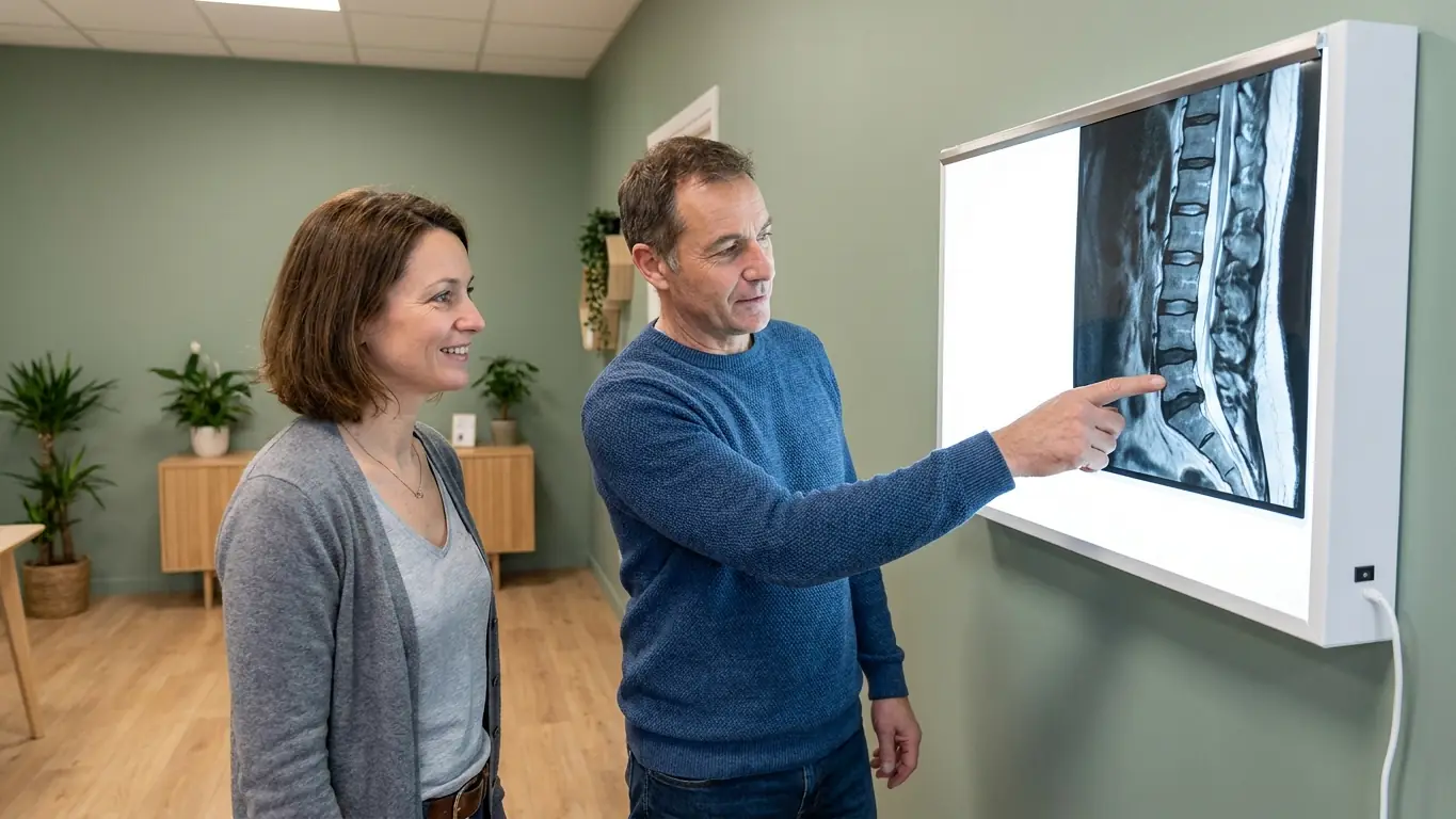 Un kinésithérapeute commente à une patiente une IRM lombaire de profil affichée sur un négatoscope