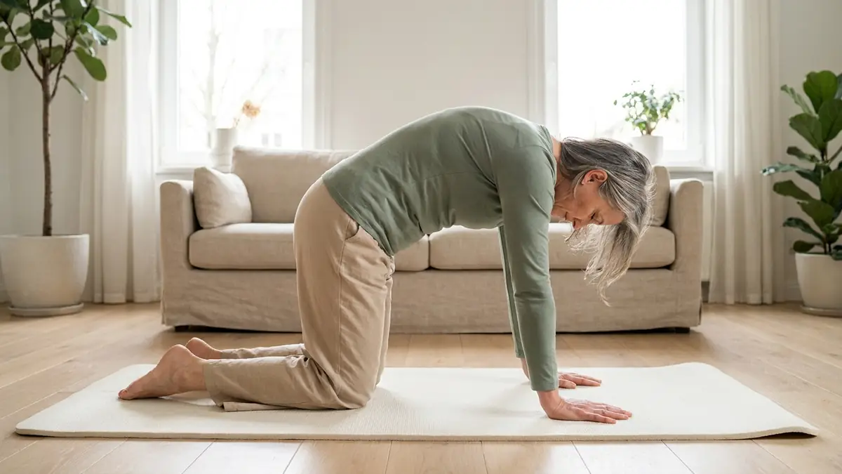 Femme à quatre pattes sur un tapis en position du chat, dos arrondi vers le plafond, mains sous les épaules et genoux sous les hanches