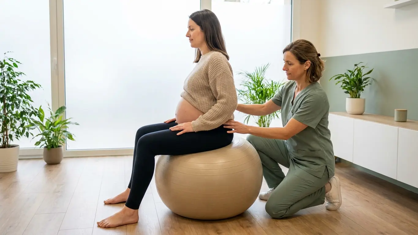 Femme enceinte assise sur un ballon de gymnastique, guidée par une kinésithérapeute pour des bascules du bassin pendant la grossesse