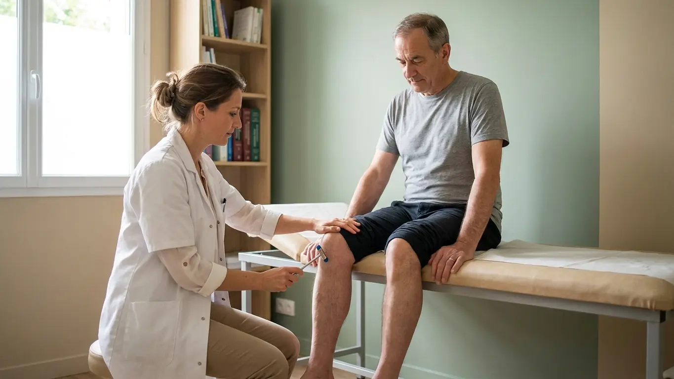 Une médecin teste le réflexe rotulien au marteau réflexe chez un homme assis au bord de la table d'examen, jambes pendantes