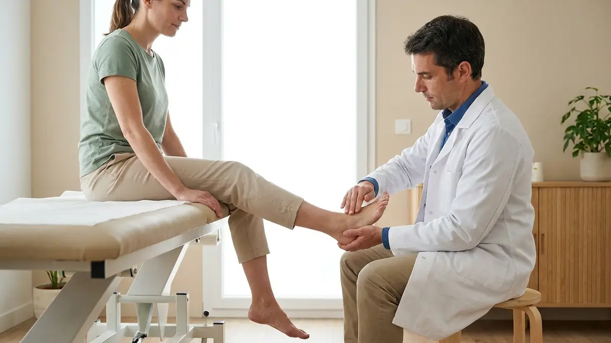 Un médecin teste la force du pied d'une patiente assise sur la table d'examen, une main sur le dessus du pied, l'autre sous le talon, pour rechercher une perte de force de la jambe