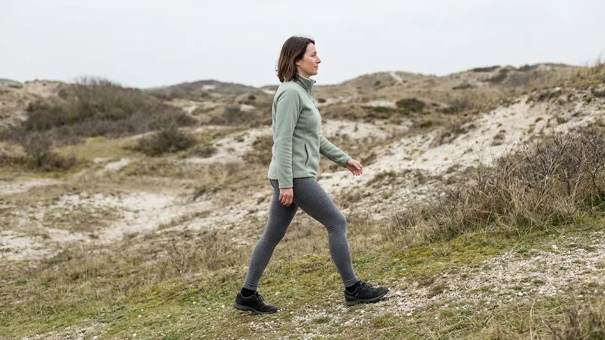 Femme de profil qui marche sur un sentier en terrain varié, étape de progression de la marche quotidienne pour le dos