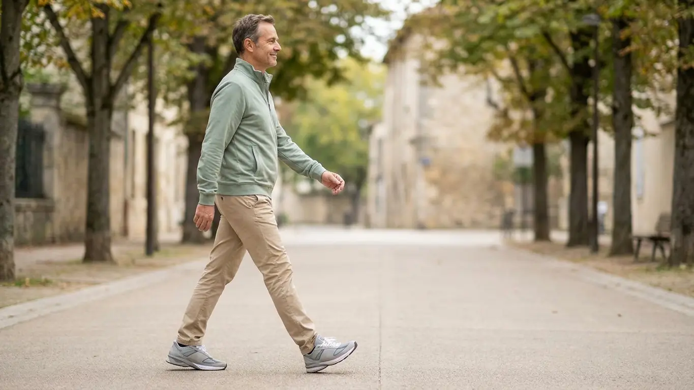 Homme de profil qui marche à allure confortable sur un trottoir plat, chaussures de marche amorties, buste droit et bras qui balancent naturellement