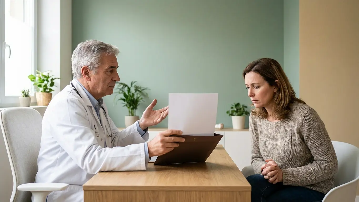 Médecin qui commente un compte rendu d'imagerie du dos avec un air grave devant une patiente inquiète, mains serrées : les mots anxiogènes de l'effet nocebo