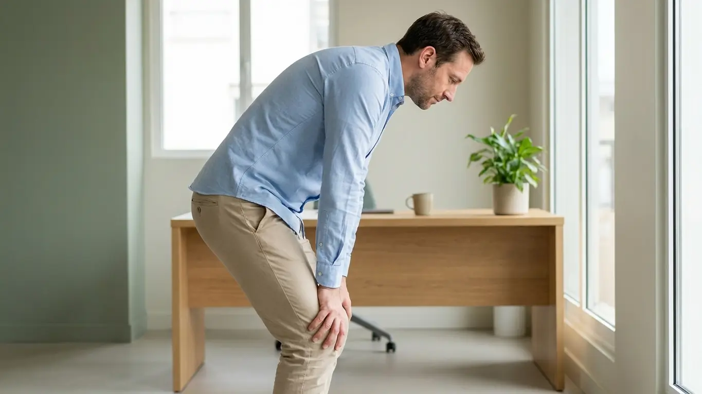 Homme debout au bureau, penché en avant, mains en appui sur les cuisses, dos arrondi : le chat-vache debout de la pause active