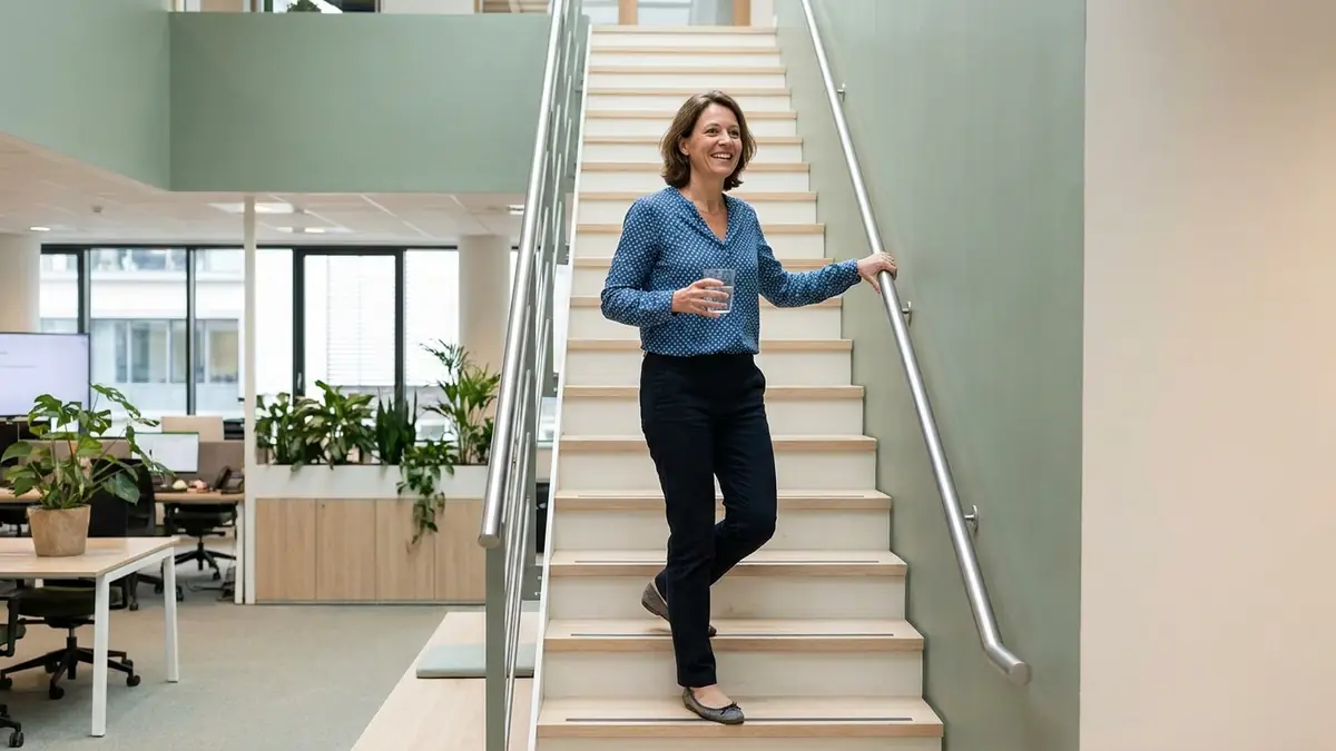 Salariée qui descend l'escalier du bureau un verre d'eau à la main pendant sa pause active de deux minutes