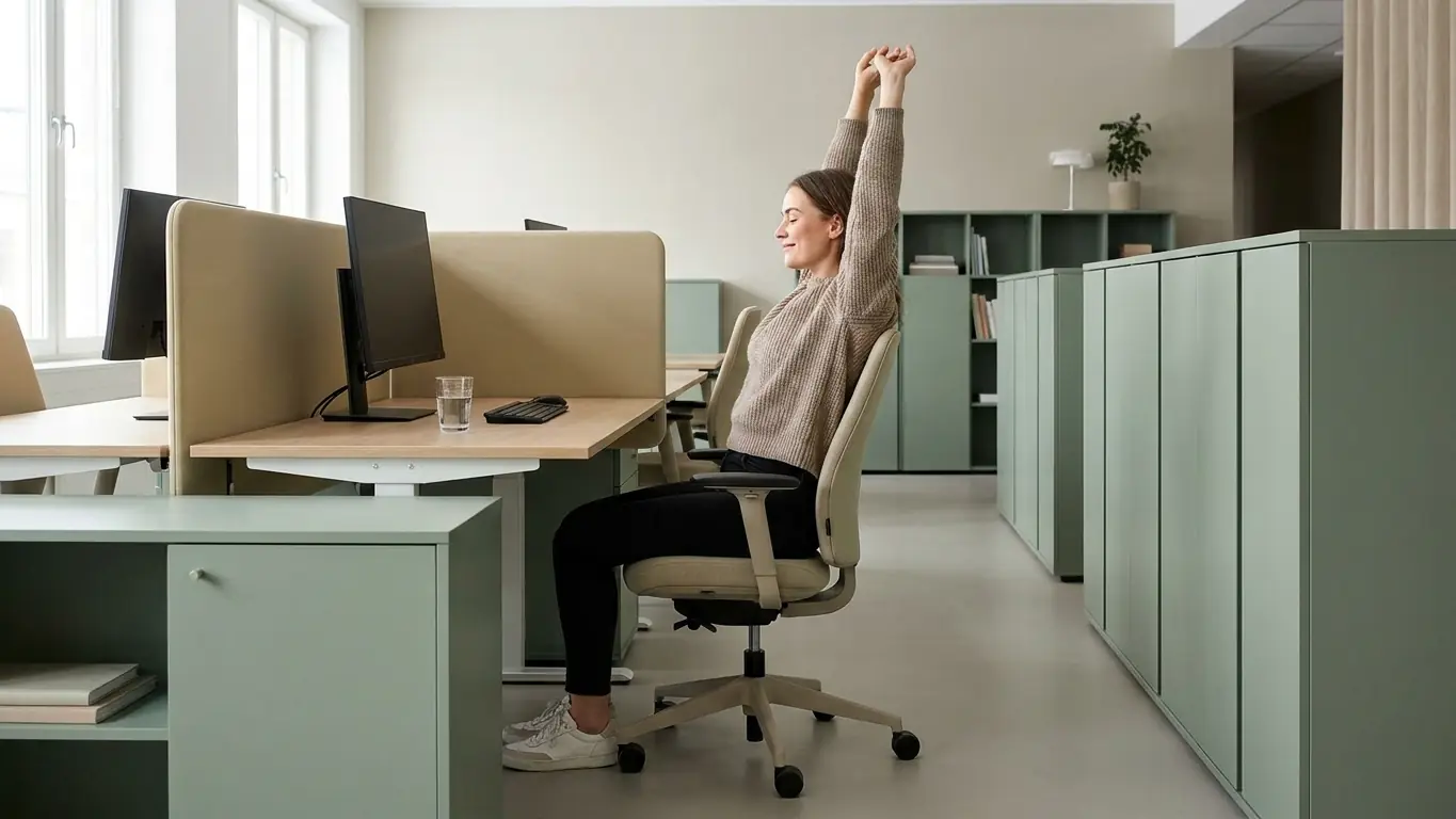 Une femme assise à son bureau s'étire les bras au-dessus de la tête pendant une pause, vue de profil