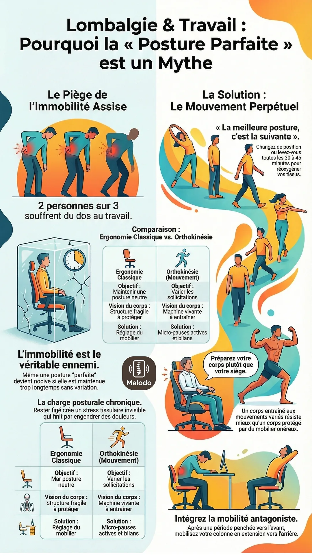 Infographie Malodo : lombalgie et travail, pourquoi la posture parfaite est un mythe