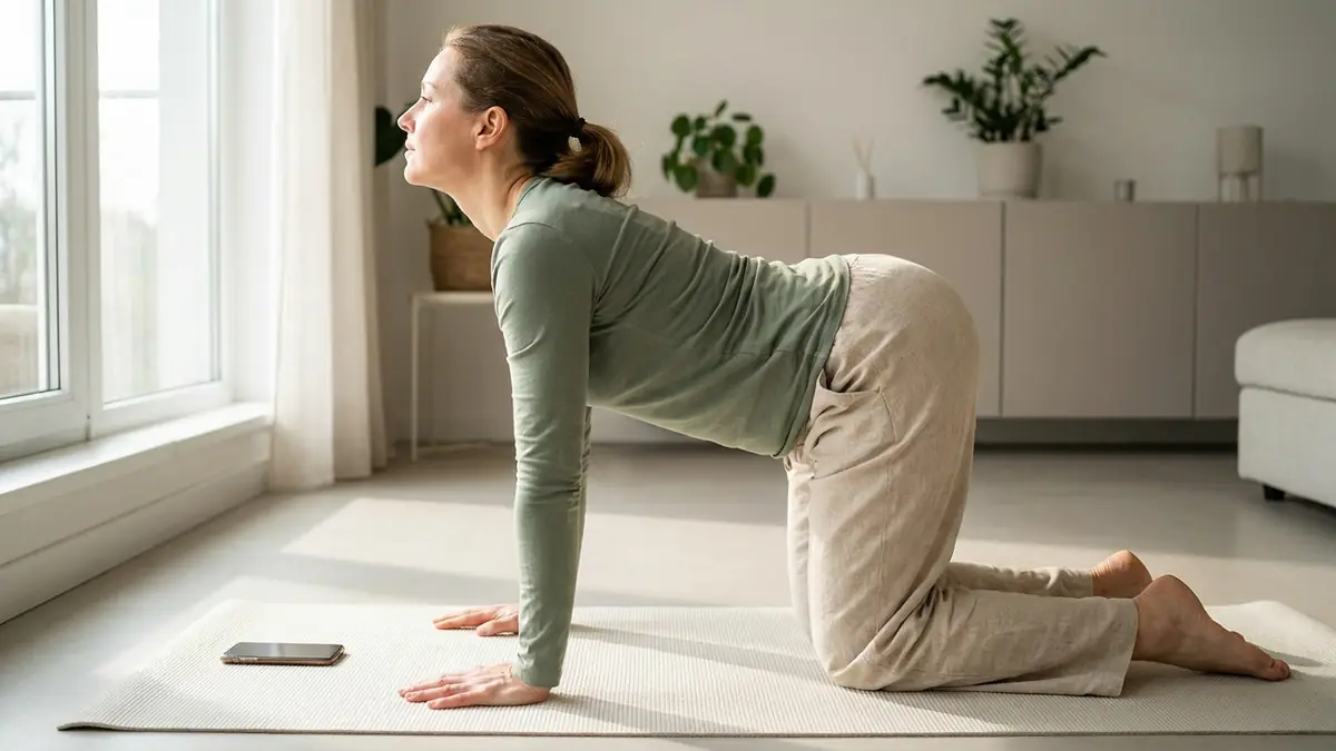 Femme à quatre pattes sur un tapis qui fait l'exercice du chat-vache chez elle, mains sous les épaules et genoux sous les hanches, pour reprendre le mouvement progressivement