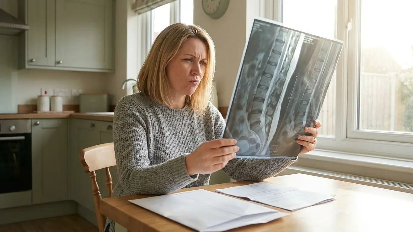 Femme perplexe qui regarde à contre-jour le cliché de son IRM lombaire normale, assise à la table de sa cuisine