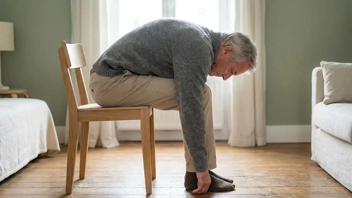 Flexion lombaire assis sur une chaise, buste penché en avant sur les cuisses, bras relâchés vers le sol