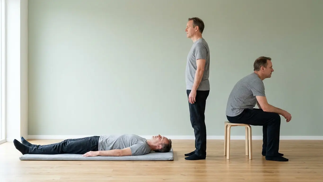 Trois postures comparées de profil pour la pression intradiscale : allongé sur le dos, debout, puis assis penché en avant