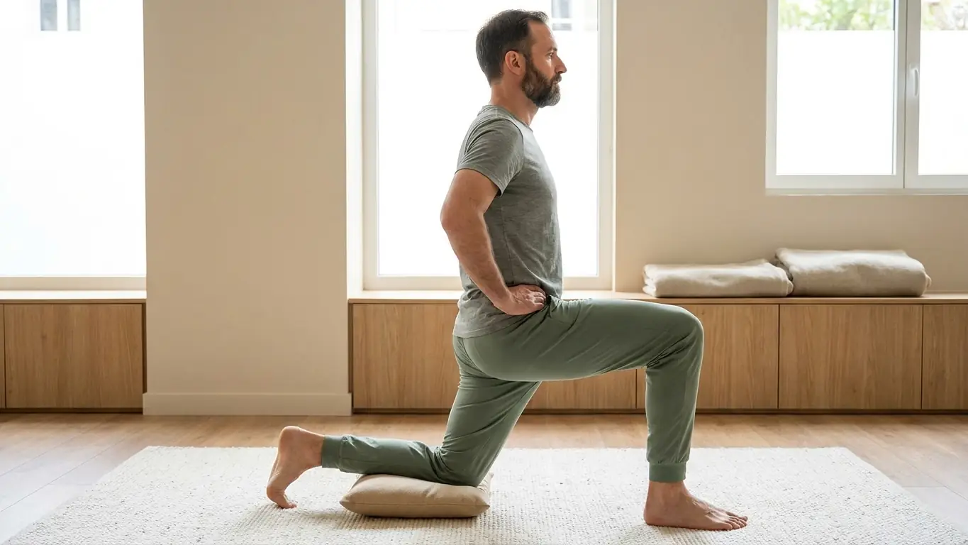 Étirement du psoas en fente, genou arrière posé sur un coussin, pied avant à plat, buste droit et mains sur les hanches