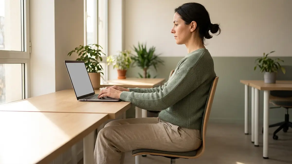 Une femme assise à son bureau devant un ordinateur portable, hanches et genoux fléchis à angle droit