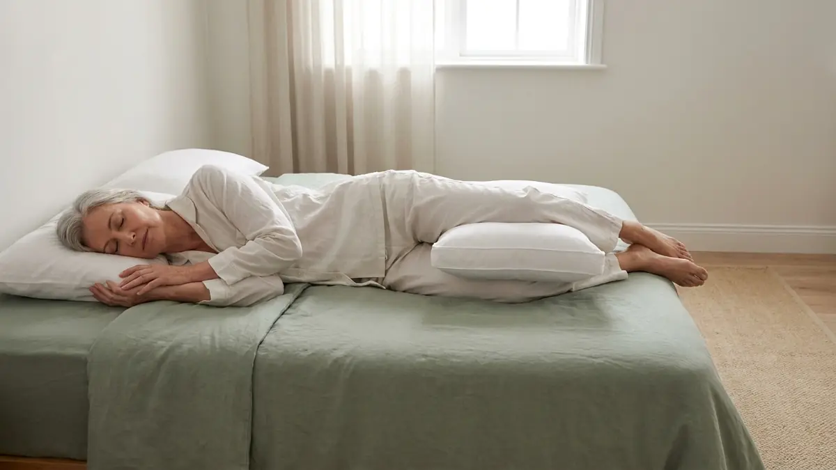 Position de sommeil sur le côté avec un coussin entre les genoux pour garder le bassin aligné