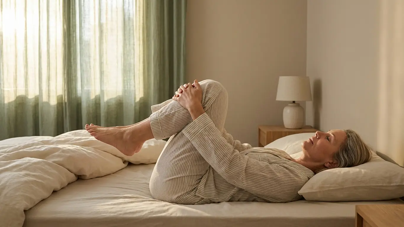 Raideur matinale du dos : au réveil, allongée sur le dos dans son lit, une femme ramène ses genoux vers la poitrine