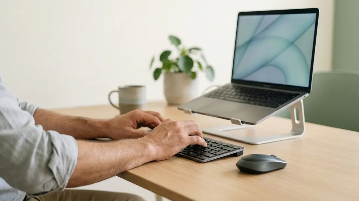 Ordinateur portable posé sur un rehausseur, avec clavier externe et souris placée juste à côté du clavier