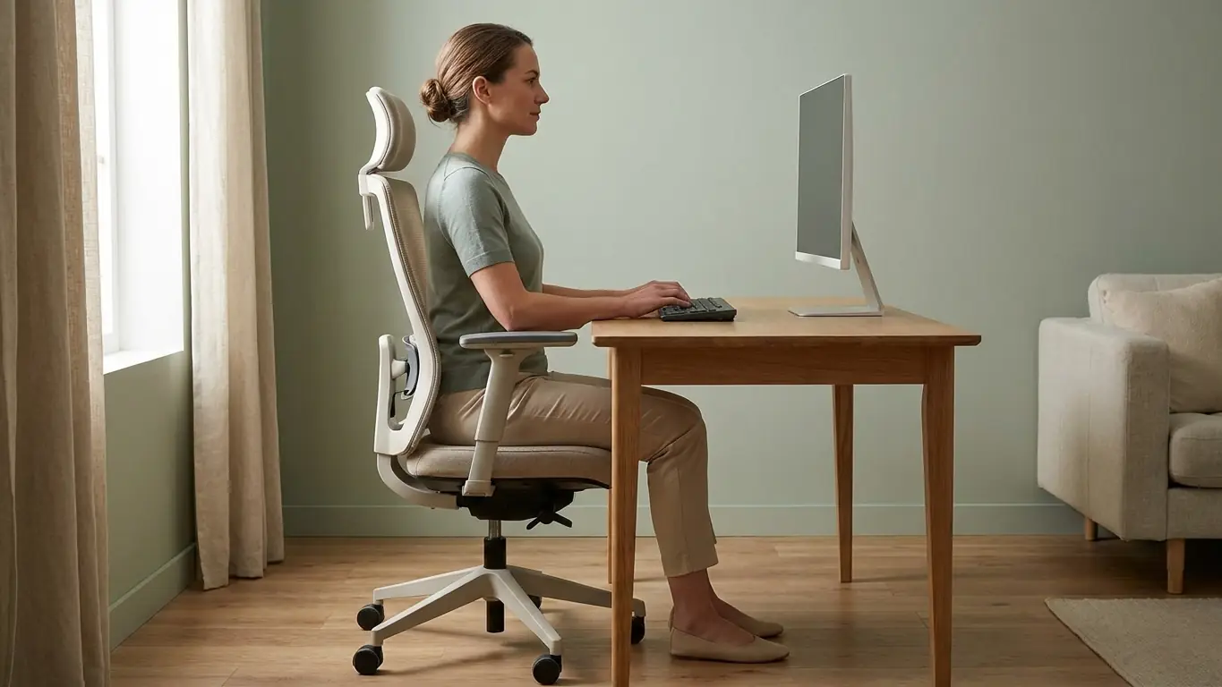 Poste de travail réglé vu de profil : haut de l'écran à hauteur des yeux, coudes à 90 degrés, dos appuyé contre le dossier, cuisses à l'horizontale et pieds à plat au sol