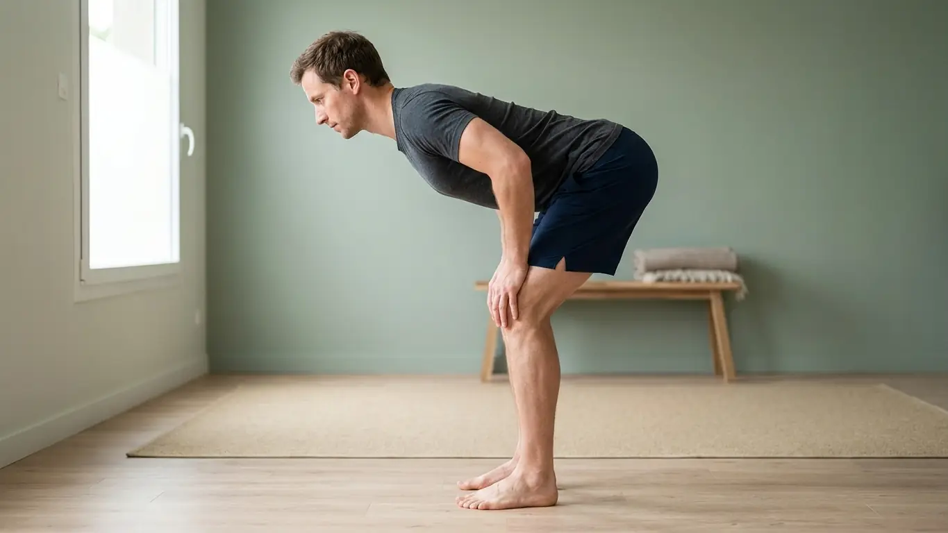 Hip-hinge vu de profil : se pencher en avant en pliant les hanches, dos droit, fesses vers l'arrière, genoux légèrement fléchis