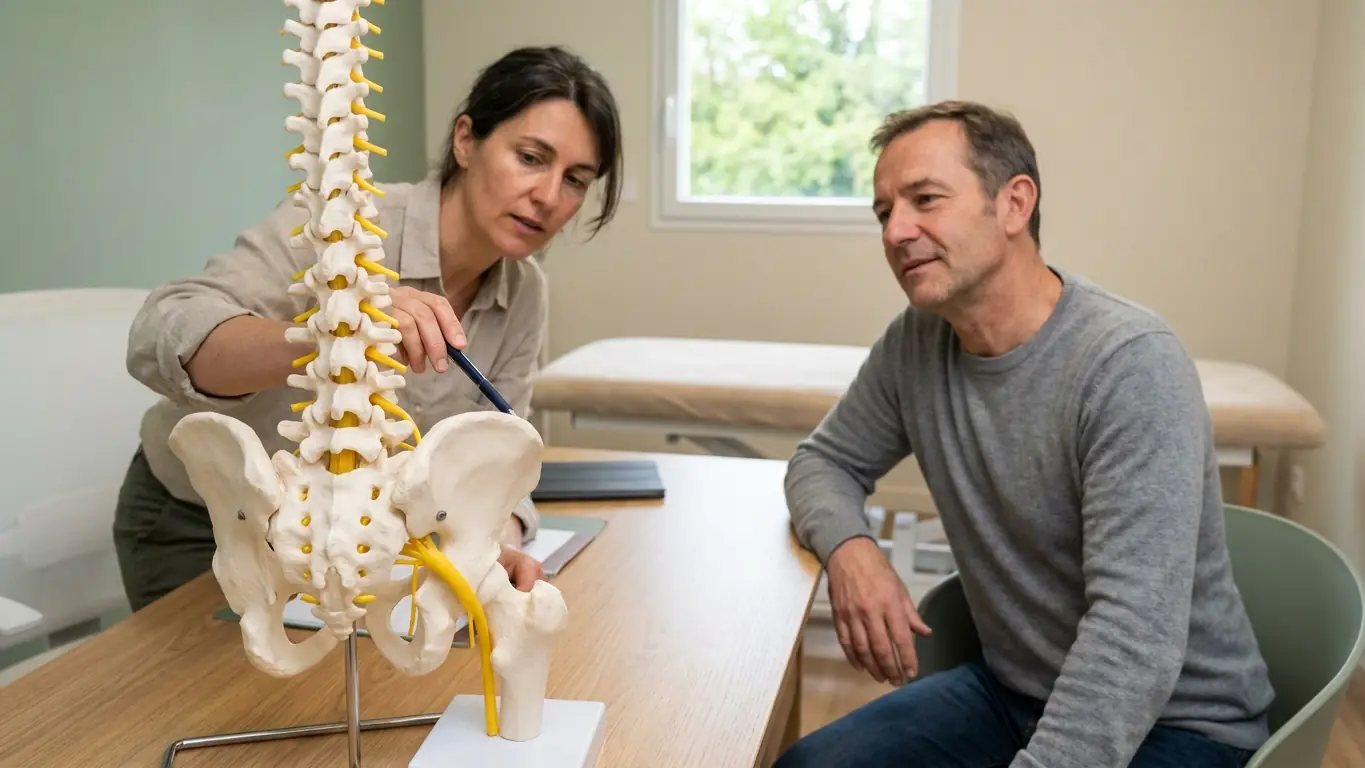 Une kinésithérapeute montre le trajet du nerf sciatique sur un modèle de colonne lombaire et de bassin à un patient